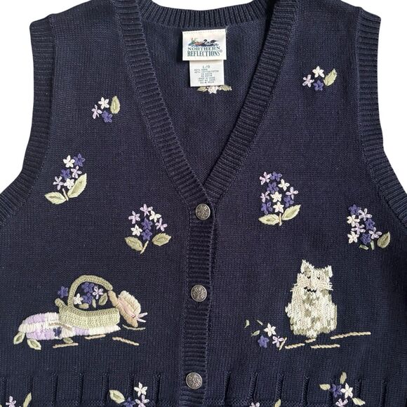 Vintage Northern Reflections Navy Embroidered Floral Knit Kitty Sweater Vest Lg - Picture 3 of 6